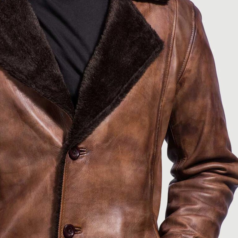 Mens Cinnamon Distressed Leather Fur Coat Close-Up-9-1718119857473